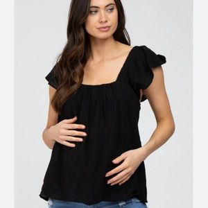 PinkBlush Maternity Black Square Neck Gauze Flutter Sleeve Top, Size Large